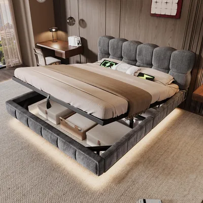 Obrázok produktu pre Postel s čalúneným rámom, rozmer 140x190 cm, s hydraulickým úložným priestorom, LED osvetlením, USB a USB-C portami na nabíjanie, efektom "plávajúcej" konštrukcie, dizajnom "bubliny" a v šedej farbe