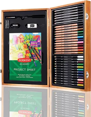 Productafbeelding van Academy Houten Geschenkdoos, Kleurpotloden en Grafiefpotloden, Set van 30 Potloden en 5 Accessoires, 34,5 x 23 x 5,5 Centimeter,1 stuk,bruin