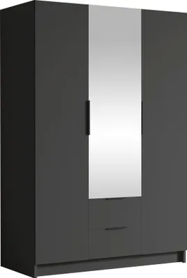 Produktbild von MIRJAN24 Kleiderschrank Calwi II 150, Schlafzimmer, mit Spiegel, Drehtürenschrank, mit Kleiderstange, Modern, Garderobenschrank, Metallgriffe (Farbe: Schwarz + Schwarz)