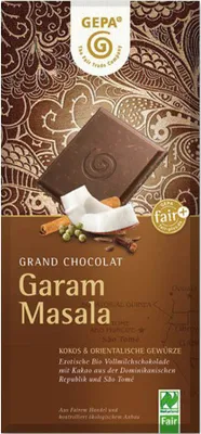 A chocolate bar wrapper with an image of a chocolate bar and ingredients.
