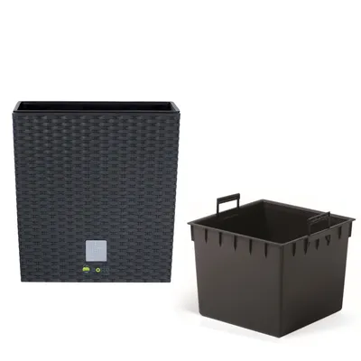 Produktbild von Blumenkübel 15,8 L Rattan-Optik Anthrazit Pflanzkübel h. 26,6 cm mit Innenkasten 11 L quadratisch Übertopf aus Kunststoff