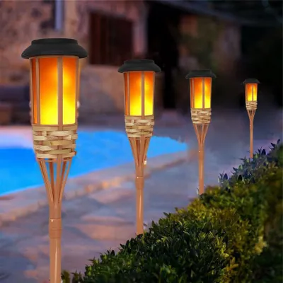 Solar-Fackel mit Flammeneffekt, Bambus, 4er-Set, warmweiß, IP65