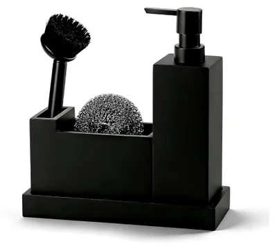 Produktbild von Spülbecken Organizer schwarz Set 5-teilig - Küchen Organizer aus Kunststein - inkl. Spülmittelspender, Tablett, Schwammhalter, Bürste, Schwamm