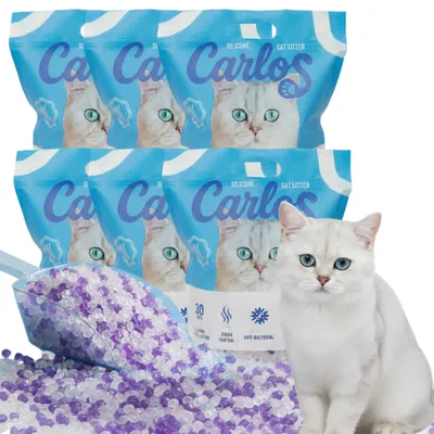 Zdjęcie produktu dla CARLOS Silikonowy żwirek dla kota 6 x 3,8 l bezpyłowy i bezzapachowy, superchłonny, o właściwościach antybakteryjnych, higieniczny i chłonny