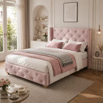 Immagine prodotto di okwish Letto imbottito per bambini 90x200cm Letto singolo con rete a doghe e testata, imbottitura con bottoni, velluto, rosa - Materasso non incluso