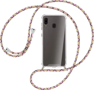 Produktbild von Handykette Backcover-Schutzhülle mit Band (Metall silberfarben) für Samsung Galaxy A20e - rosa Karo