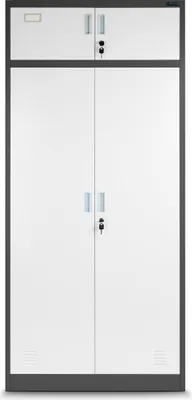 A full-front view of a metal cabinet with two doors on the bottom and two smaller doors on top.