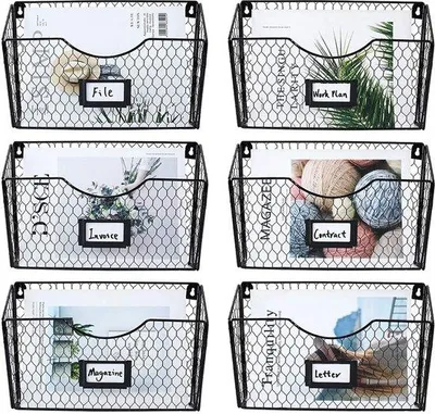 Image de Support mural métallique à 6 compartiments pour journaux, porte-lettres en métal, support mural avec tiroir à étiquettes, organiseur mural de bureau, noir