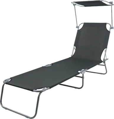 A black and gray camping lounger with a sunshade, isolated on a white background.