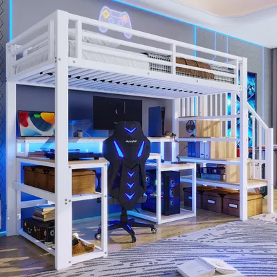 Productafbeelding van 90x200 cm hoogslaper met bureau, LED-lichtstrip, USB-aansluiting, trap met opbergruimte, opbergvakken en veiligheidshek, wit ijzeren frame
