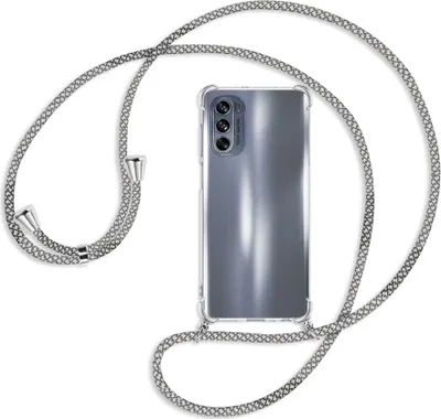 Produktbild von Handykette Backcover-Schutzhülle mit Band (Metall silberfarben) für Motorola Moto G62 5G (6.5'') - weiß/grau kariert