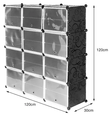 Image de Armoire à chaussures - Étagère à chaussures en plastique - 8 niveaux, 12 portes - 24 compartiments - 120x30x120 cm - Noir