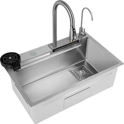 Immagine prodotto di Lavello da cucina - Vasca singola - 68 x 35 cm - Acciaio inossidabile 304 - Da appoggio - Rettangolare - 1 foro - Con rubinetteria - Argento