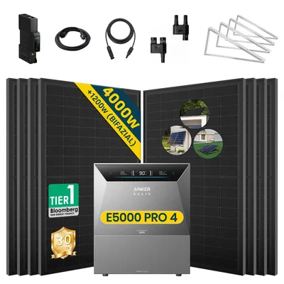 Produktbild von ALLDREI Balkonkraftwerke mit Speicher Anker Solix Solarbank 4 E5000 Pro & BP2700x1,Komplettset mit 8x500W Bifazialer Solarpanel & Smart Meter Gen 2