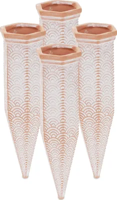 Produktbild von Relaxdays Tonkegel Bewässerung 4er Set, Gießkegel für 1,5 l PET-Flaschen, Zimmerpflanzen & Balkonkästen, terrakotta/weiß