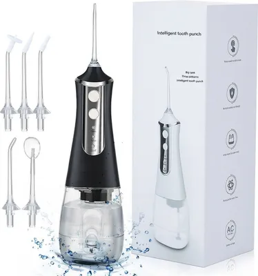 Produktbild von Munddusche, Professionelle Elektrische Kabellose Munddusche, Munddusche Zahnreiniger Wasser Flosser Oral irrigator, 3 Modi, IPX7 Wasserdicht mit 5 Düsen, USB-Ladekabel, 350ML Schwarz