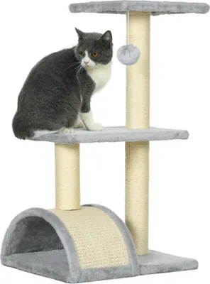 Produktbild von PawHut Kratzbaum 72 cm Katzenturm mit Plüschballen, Sisalstämme, Plattform, Kratzbrett mehrstöckiger Katzenkratzbaum, Kletterbaum, für mittelgroße Katzen, Hellgrau