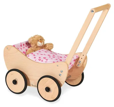 Puppenwagen Trixi, Massivholz, natur, 47x35x53 cm, inkl. Bettdecke