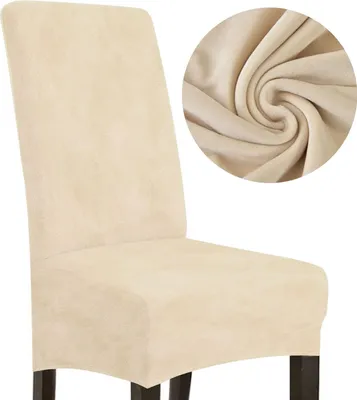 Produktbild von Elastischer Stuhlbezug aus dickem Velours, Größe L, hohe Rückenlehne 70 cm, Creme Beige – Schonbezug