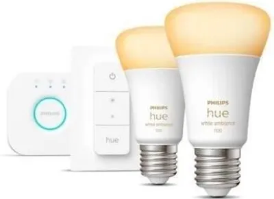 Produktbild von Philips Hue White Ambiance LED Lampe, E27, 10,5W, 2er-Pack, Starter Kit mit Hue Bridge & Fernbedienung