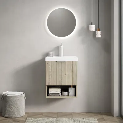 Produktbild von 42cm Wandhalterung Badezimmer-Waschtisch mit weißem rechteckigem Keramikwaschbecken, gestreiftem Schrank mit Doppeltüren und offenem Regal, Eiche cremefarbene Holzmaserung Farbe