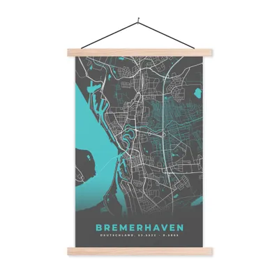 Produktbild von MuchoWow® Textilposter Blau - Deutschland - Karte - Stadtplan - Bremerhaven 120x180 cm mit holzfarbenen Rahmen - Textil-Plakat