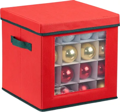 Produktbild von Relaxdays Weihnachtskugel Aufbewahrungsbox, für 64 Kugeln, HxBxT: 30 x 30 x 30 cm, Vlies, Pappe, Kugelkiste, rot/grün