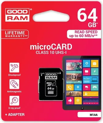 Produktbild von Goodram M1AA, 64 GB, MicroSDXC, Klasse 10, UHS-I, 60 MB/s, 10 MB/s