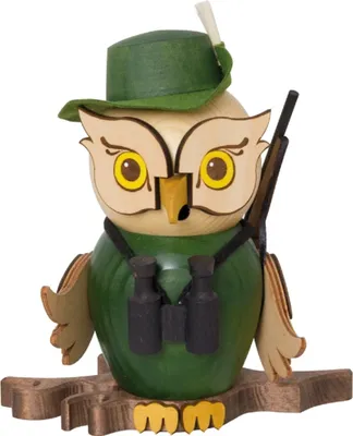 Produktbild von Drechslerei Kuhnert - Räucherfigur Eule als Jäger - größe ca. 15cm, für Räucherkerzen Größe M (Standard) - 37226