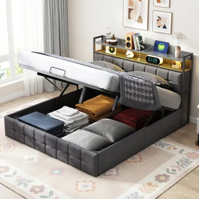 Immagine prodotto di Letto imbottito INONEFT 140x200 cm con LED e porta USB di tipo C, letto con box contenitore ad apertura idraulica, letto matrimoniale per giovani con rete a doghe e contenitore, colore grigio lino