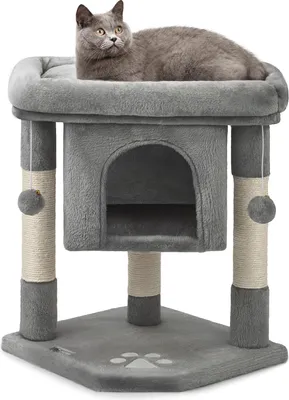 Immagine prodotto di tiragraffi lionto per gatti con grotta e 2 palline di peluche con campanelle, altezza 60 cm, albero per gatti con robusta corda in sisal e morbido peluche, accogliente superficie di appoggio, per gatti piccoli e grandi, grigio scuro