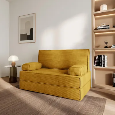 Produktbild von Masseno Schaumstoffsofa LADIA mit Schlaffunktion, Schlafsofa, Wohnzimmersofa, Couch, Sofa, Bettsofa, Kordstoff – Gelb POSO 01