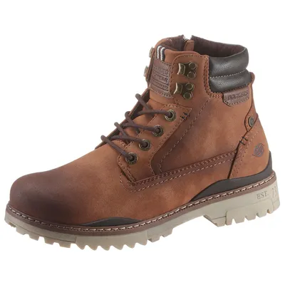 A single brown leather boot is shown against a white background.