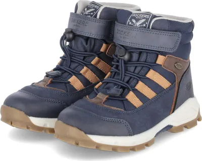 A pair of blue winter boots for children.