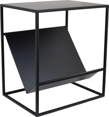 A black metal side table with a magazine rack.