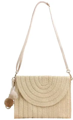 Image de Sac de plage pour femme en paille beige, style bohème, tissé, avec bandoulière