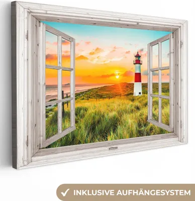Produktbild von MuchoWow® - Leinwandbilder - Ansichten - Leuchtturm - Landschaft - Natur - Ländlich - Strand, Wandbild, Wanddeko Bilder Wohnzimmer, 30x20 cm