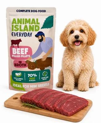 Productafbeelding van ANIMAL ISLAND: Rundvleesfilet in bouillon, voor honden, 150g, AI-gegenereerde afbeelding