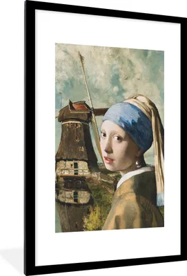 Produktbild von MuchoWow® MuchoWow® Gerahmtes Poster Das Mädchen mit dem Perlenohrring - Johannes Vermeer - Mühle 60x90 cm - Poster mit zchwarzem Bilderrahmen - Dekoration - Wandposter Wohnzimmer - Hochwertig