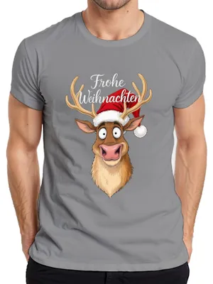 Produktbild von Frohe Weihnachten Lustiges Rentier Weihnachtsmütze Cartoon Humor Herren T-Shirt, Grau, XXL