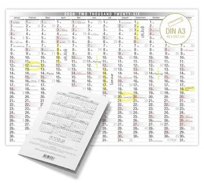 Produktbild von Famanu A3 Wandkalender 2026 mit Feiertagen und Wochenzahlen - Übersichtliches Design