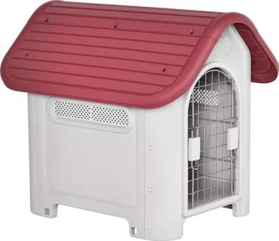 Produktbild von Outdoor Hundehütte mit Dachluke für kleine Hunde - Wasserdicht, Metall-Kunststoff, Rot+Hellgrau 59x75x66 cm