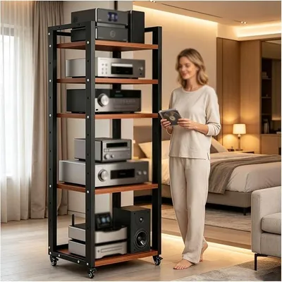 Zdjęcie produktu dla Stojak na sprzęt audio do kina domowego, wyposażony w kółka, 5-poziomowa półka Hi-Fi, regulowana szafka na płyty, podstawa pod gramofon, idealna do wzmacniaczy i sprzętu audio