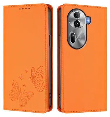 Image de Étui en cuir pour Oppo Reno11 Pro 5G, motif papillon, étui portefeuille à rabat avec support, orange