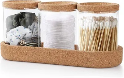 Zdjęcie produktu dla Zestaw 3 szklanych pojemników na waciki, korek, waciki, pojemnik do przechowywania, organizer kosmetyczny z podstawką na waciki, okrągłe waciki, strona do czyszczenia zębów, dozownik kosmetyków, przezroczysty