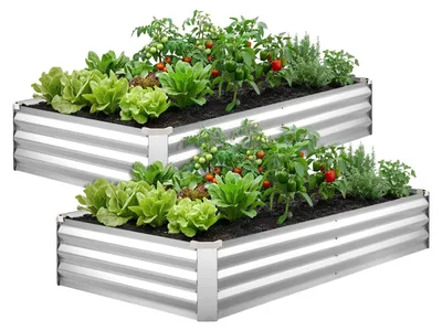 Zdjęcie produktu dla VEVOR Podwyższona grządka metalowa, zestaw 2 sztuk, 180 x 90 x 30 cm, prostokątna grządka ogrodowa, zestaw skrzynek do sadzenia na zewnątrz, grządka warzywna z rękawiczkami, grządka bez dna, grządka do kwiatów i warzyw, srebrna