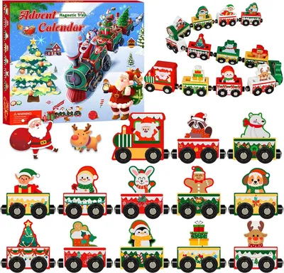 Productafbeelding van Adventskalender 2025 - Kerstmis - Magnetische houten dieren - Treinset voor kinderen - 24 dagen aftel-adventskalender