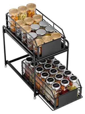 Produktbild von Ausziehbarer Schrankorganizer, 2-stöckiges Gewürzregal, Küchenschrankorganizer aus Metall für Küche, Bad und Aufbewahrung