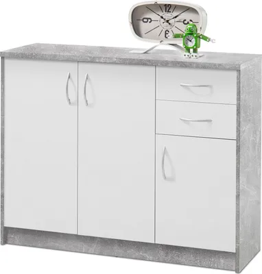 Produktbild von Kommode - Betondekor - Weiß matt - 109 x 112 cm - 3 Türen - 2 Schubladen - 5 Einlegeböden