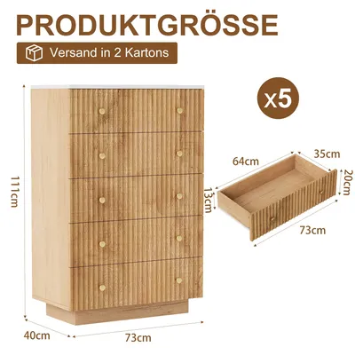 Image de Commode - Armoire pour salon - 5 tiroirs avec éclairage LED - 73x40x111 cm - Bois - Grand espace de rangement - Système de sécurité anti-basculement - Bois de couleur claire